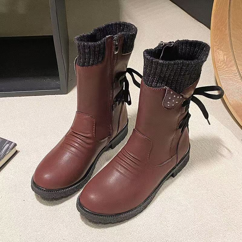 Women's Medium Flat Bottom Martin Boots (Square Heel and Back Strap)