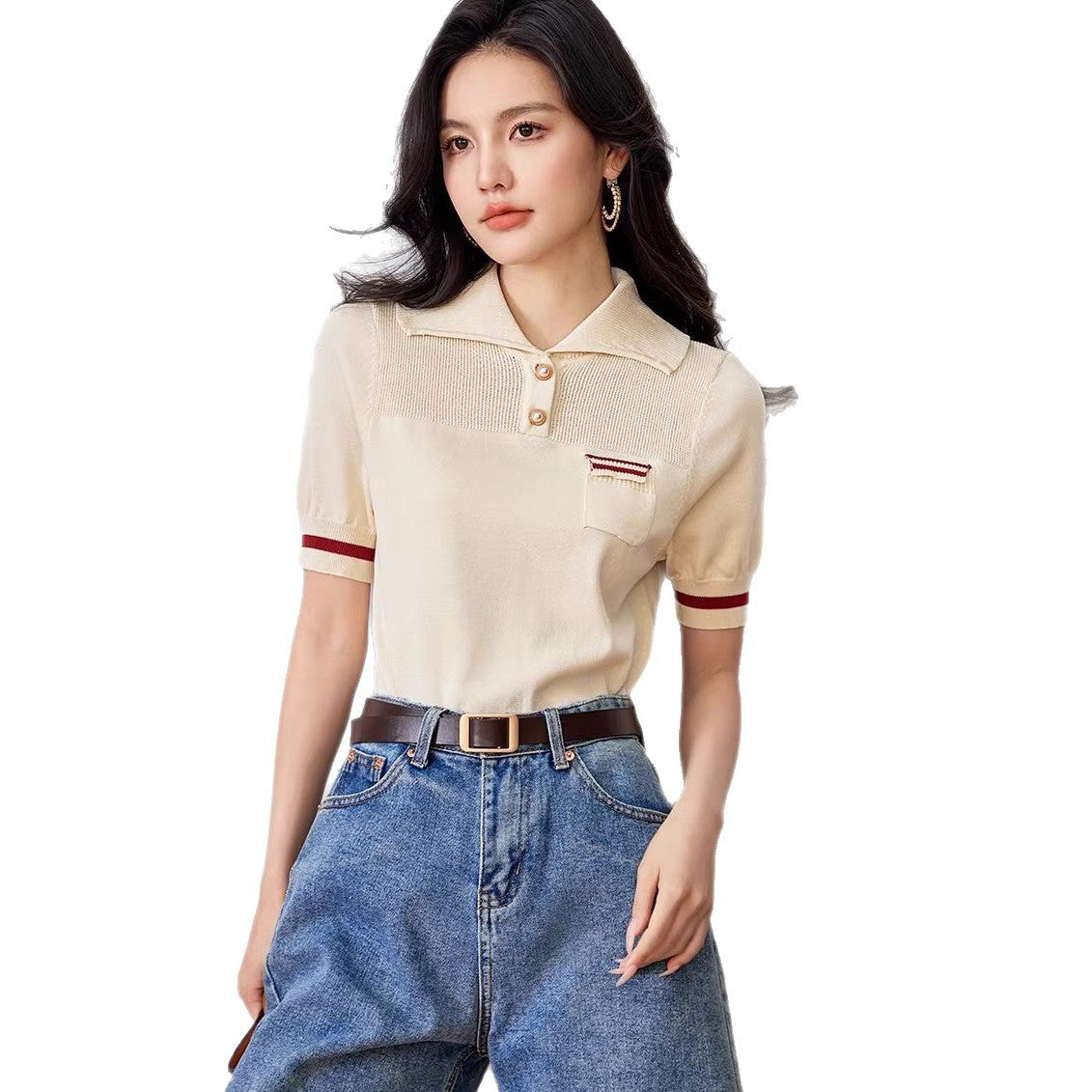 Vintage Apricot Polo Neck Knit Top - Summer Loose Short Sleeve Shirt