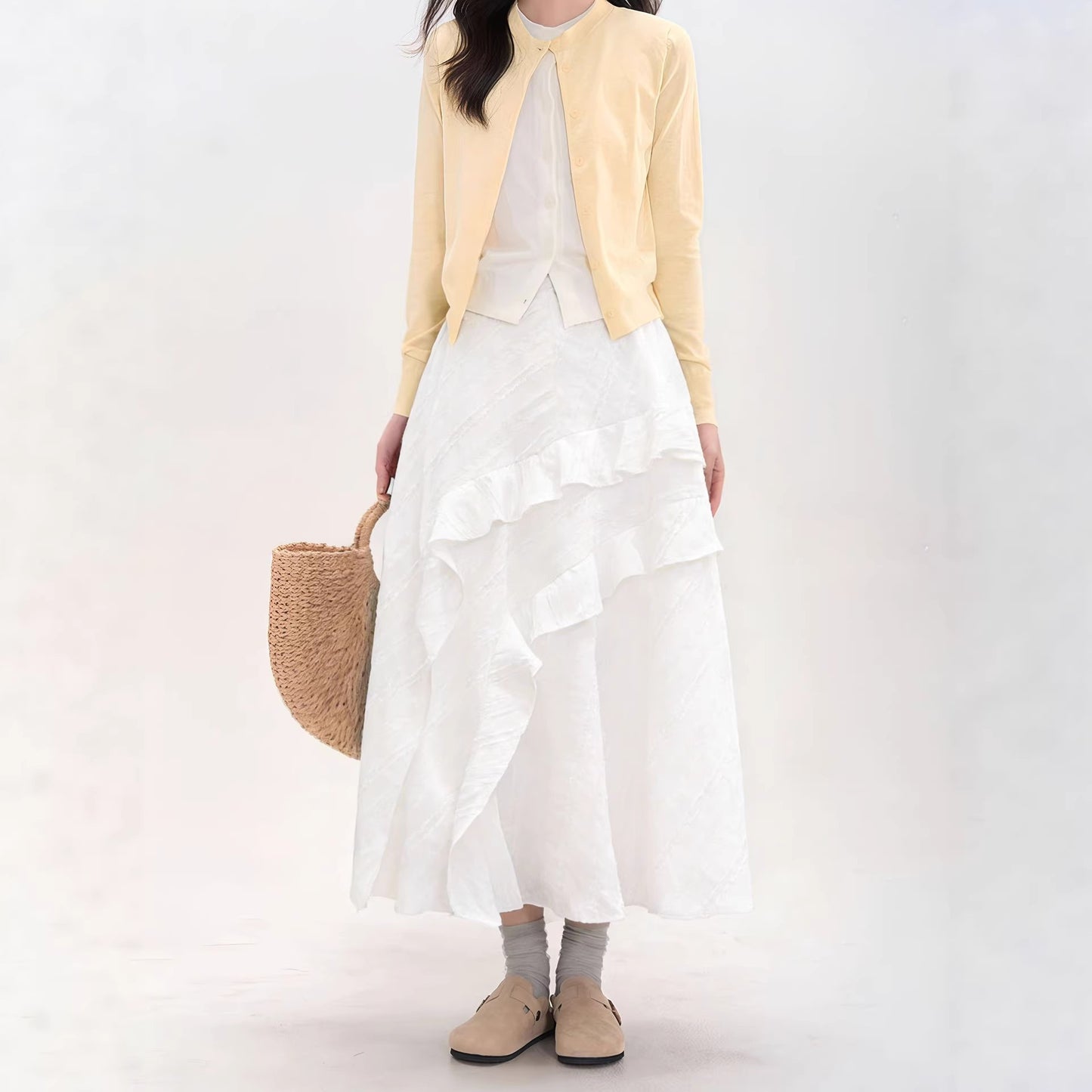 Women's High-Waist Slimming Tiered Midi Skirt - Asymmetric White Skirt