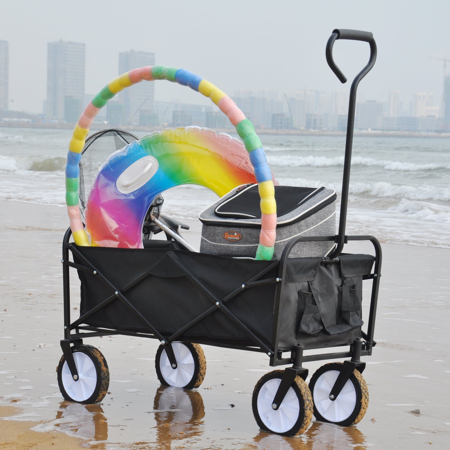Folding Wagon Garden Shopping Beach Cart – Heavy Duty Black Utility Cart