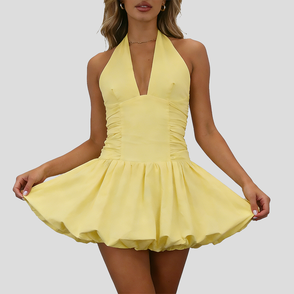 Sexy Deep V Backless Halter Mini Dress – Chic Yellow Bubble Hem Party Dress for Women