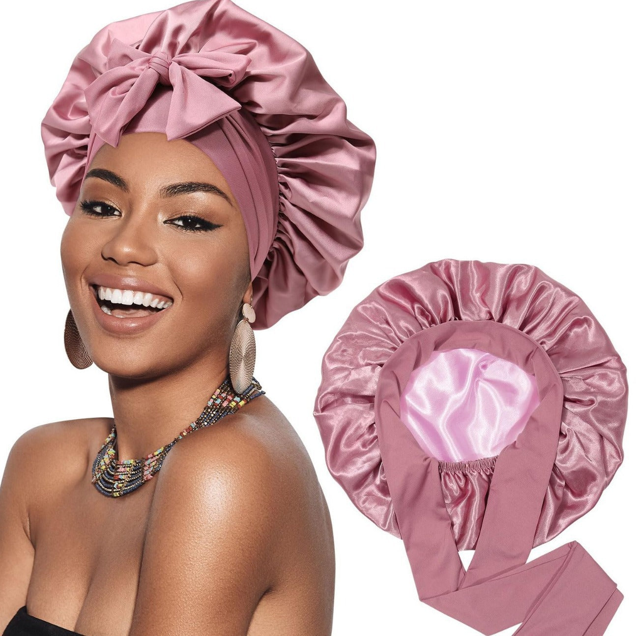 Silky Satin Hair Bonnets with Ribbon Tie | Long Hair Care Sleep Night Cap