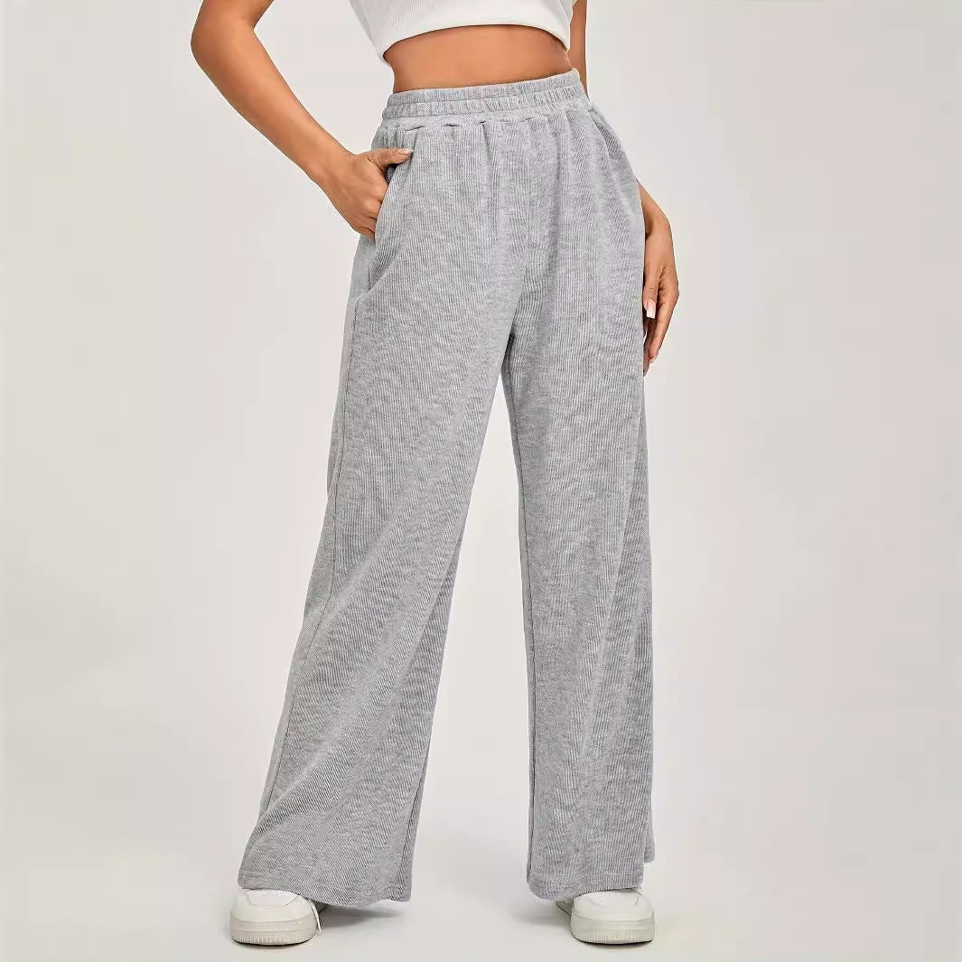 Cozy High Waisted Wide Leg Knit Trousers - Casual Lounge Pants