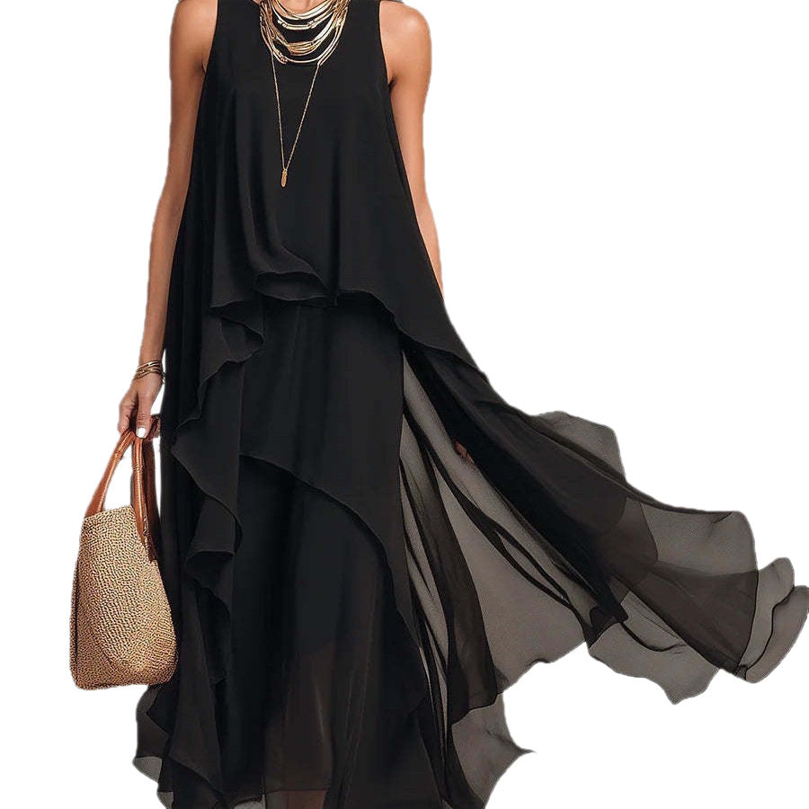 Elegant Layered Loose Black Chiffon Dress - Casual Summer Holiday Long Dress