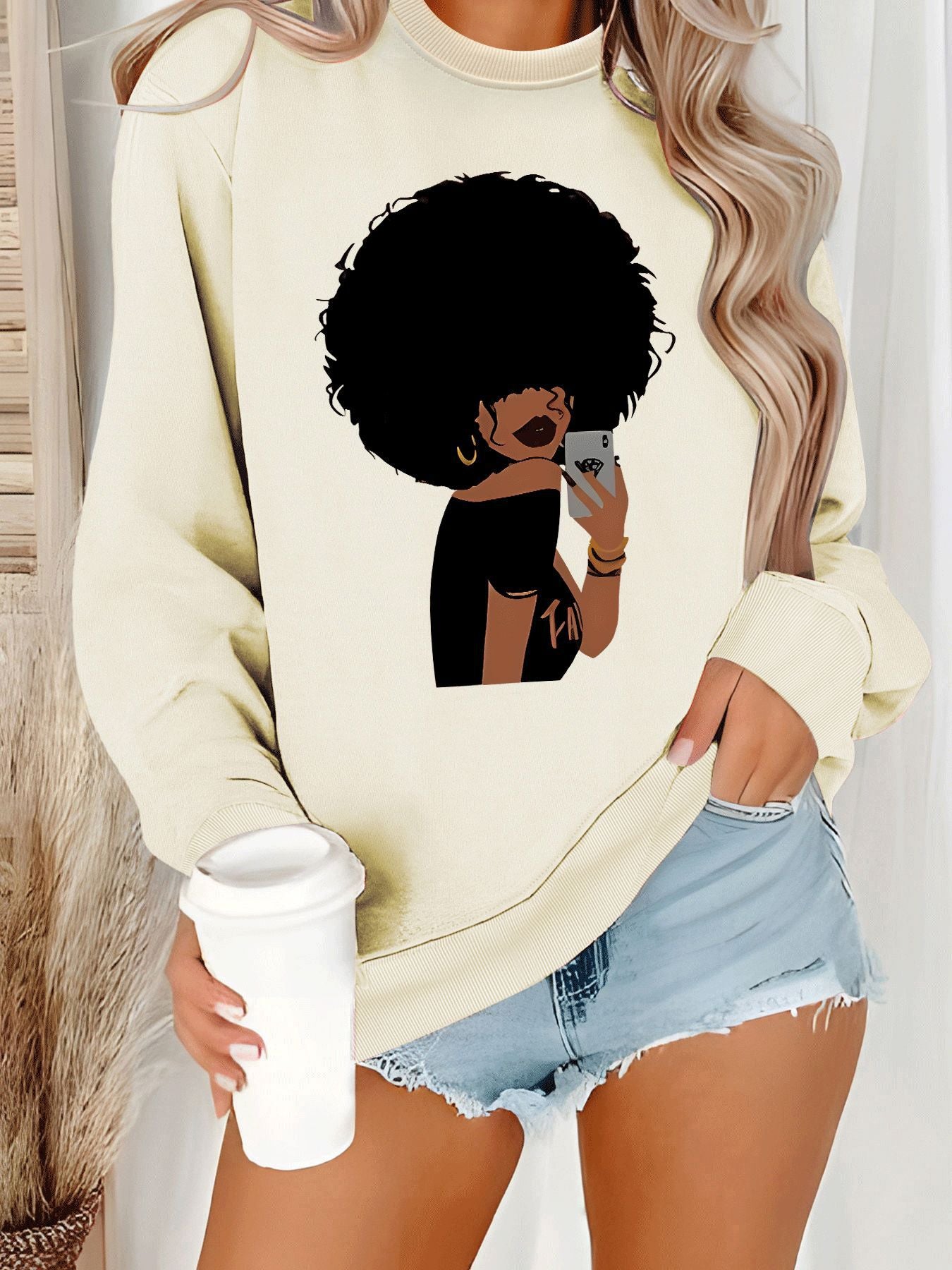 Afro Woman Portrait Print Sweatshirt | Stylish Orange Crewneck Pullover for Women