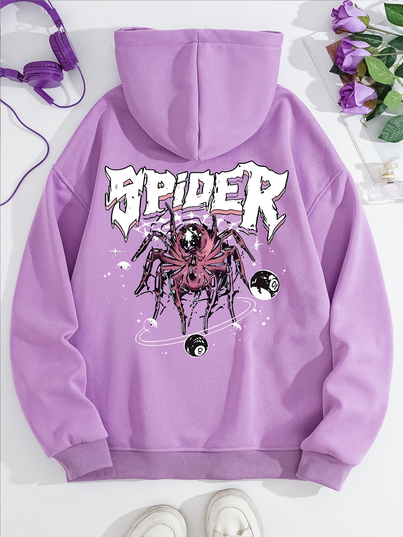 Grunge Spider Graphic Print Hoodie | Oversized Lavender Pullover for Streetwear