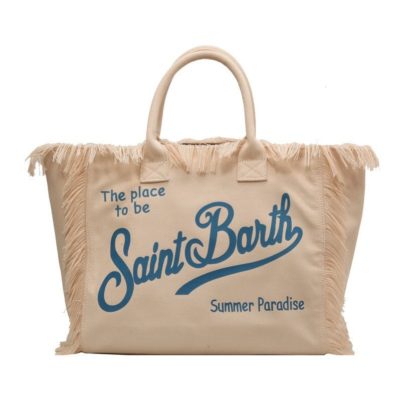 Denim Large Capacity Tote Bag – Canvas Letter Handmade Tassel Handbag