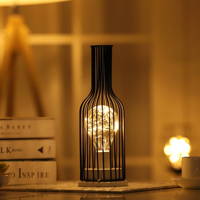 Creative Iron Wine Bottle Night Light - Retro Industrial LED Lamp for Home & Table Decor