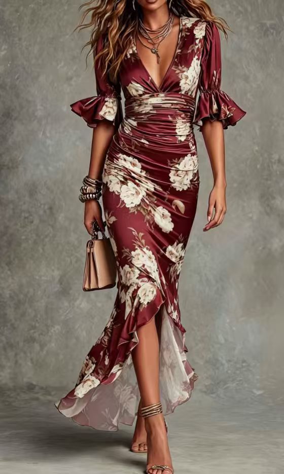 Women's Elegant V-Neck Floral Print Maxi Dress - Fitted Silhouette with Ruffle Hem
