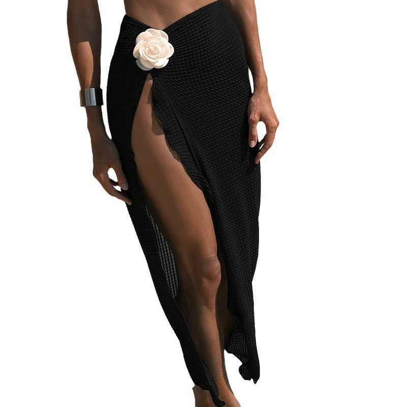 Women's Split Beach Dress - Elegant Floral Accent Bikini Cover-Up