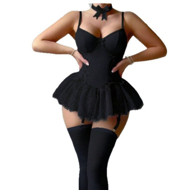 Women's Sexy Lace Mesh Bodysuit Lingerie Set with Ruffle Skirt & Stockings