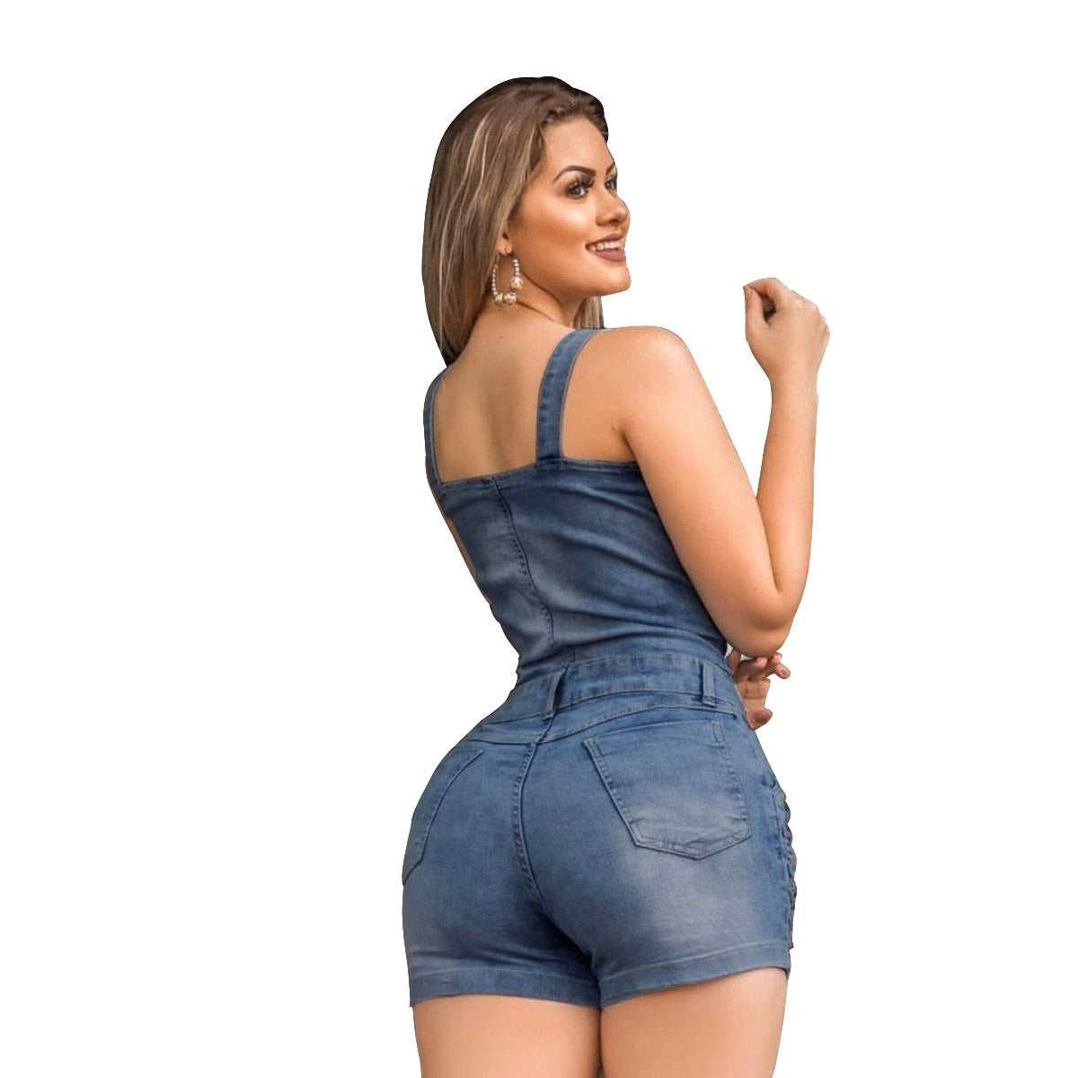 Edgy Slim Fit Denim Jumpsuit – Distressed Sleeveless Jean Romper for Women