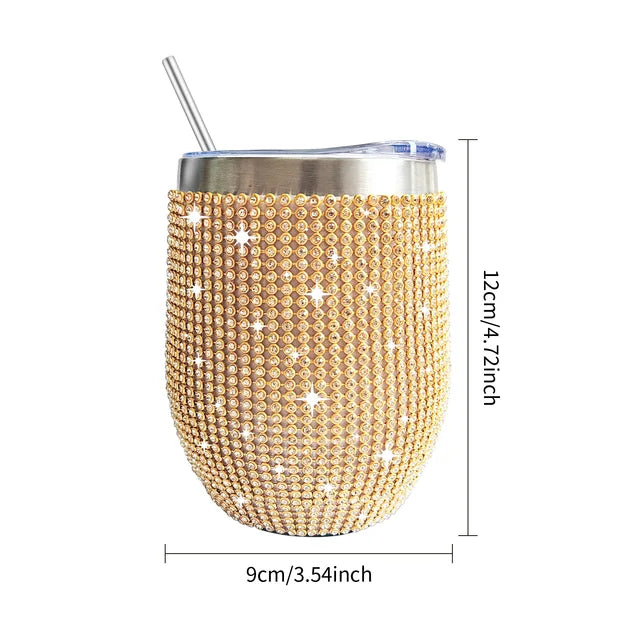 12oz Luxury Diamond Rhinestone Wine Tumbler - Insulated Stainless Steel Cup with Straw & Lid