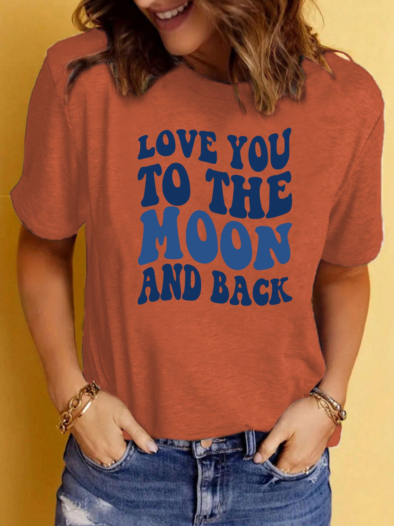 Love You to the Moon and Back' Slogan Printed Round Neck Short Sleeved Shirt