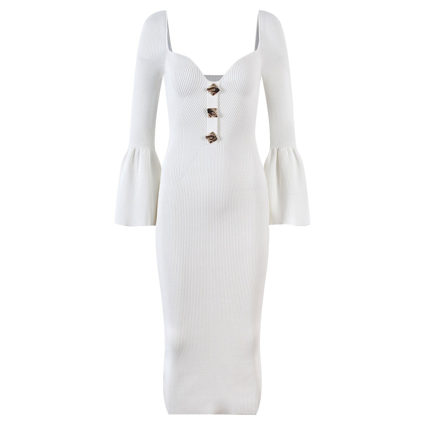 Elegant Knitted Heart-Collar Long Sleeve Dress - European Style Slim Fit Midi Skirt with Decorative Buttons