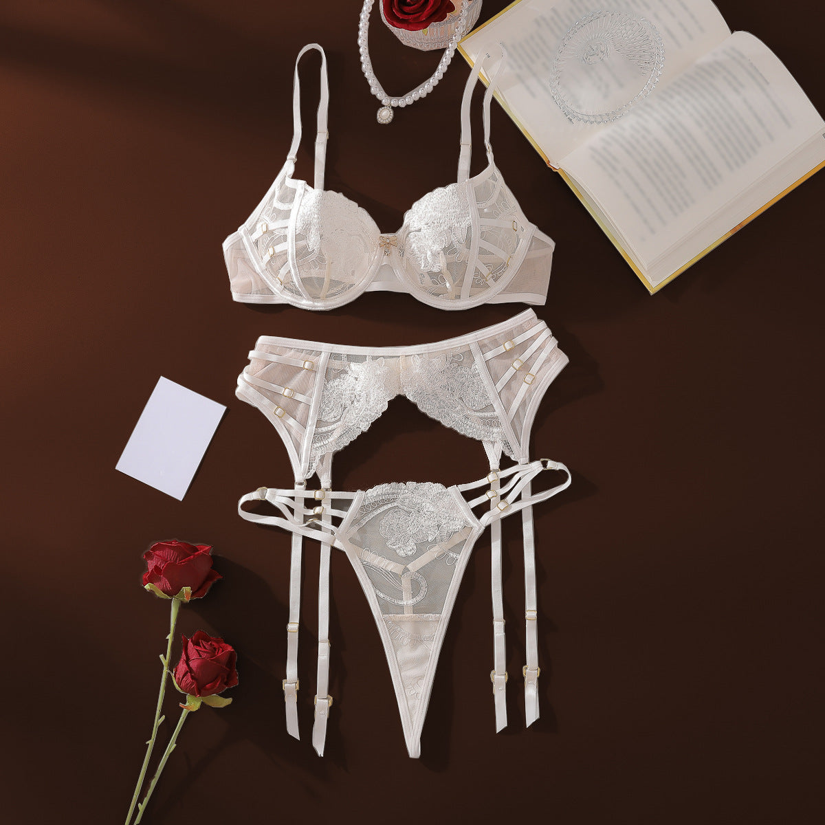 Red Floral Embroidered Mesh 3-Piece Lingerie Set