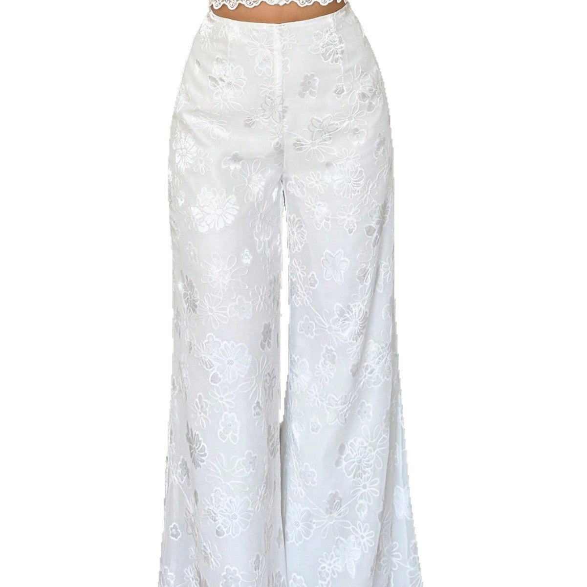 Women's High Rise Wide Leg Trousers - Stylish White Lace Pants