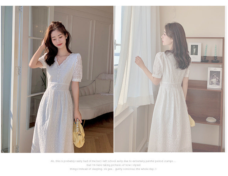 Sweet French Embroidered White Long Dress - Summer Elegant V-Neck Short Sleeve Maxi Skirt for Women