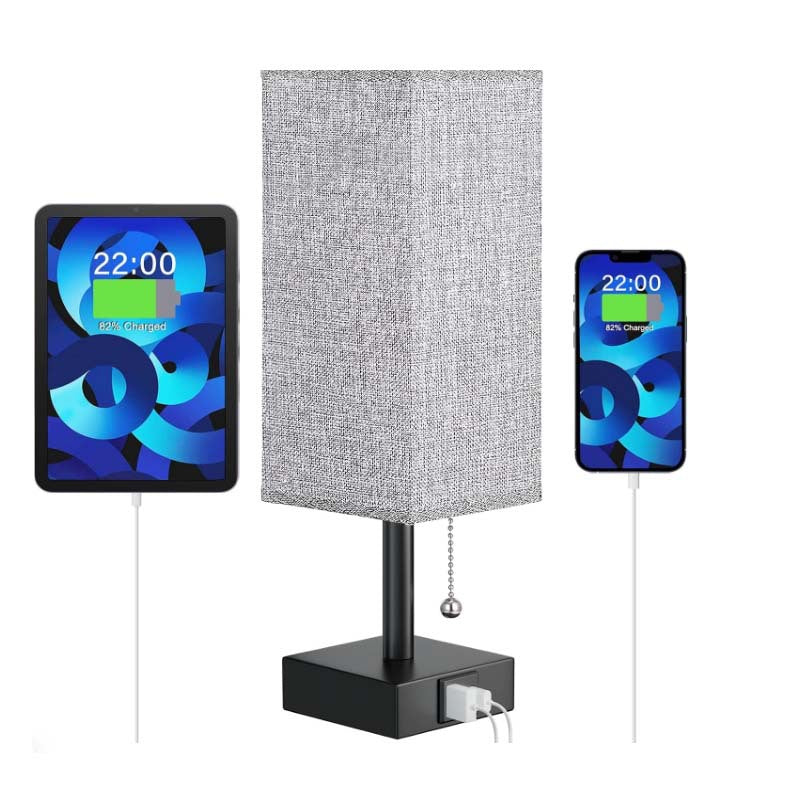 Modern Square Linen Desk Lamp with Dual USB Ports – 3 Color Modes & Pull Chain Switch for Bedroom
