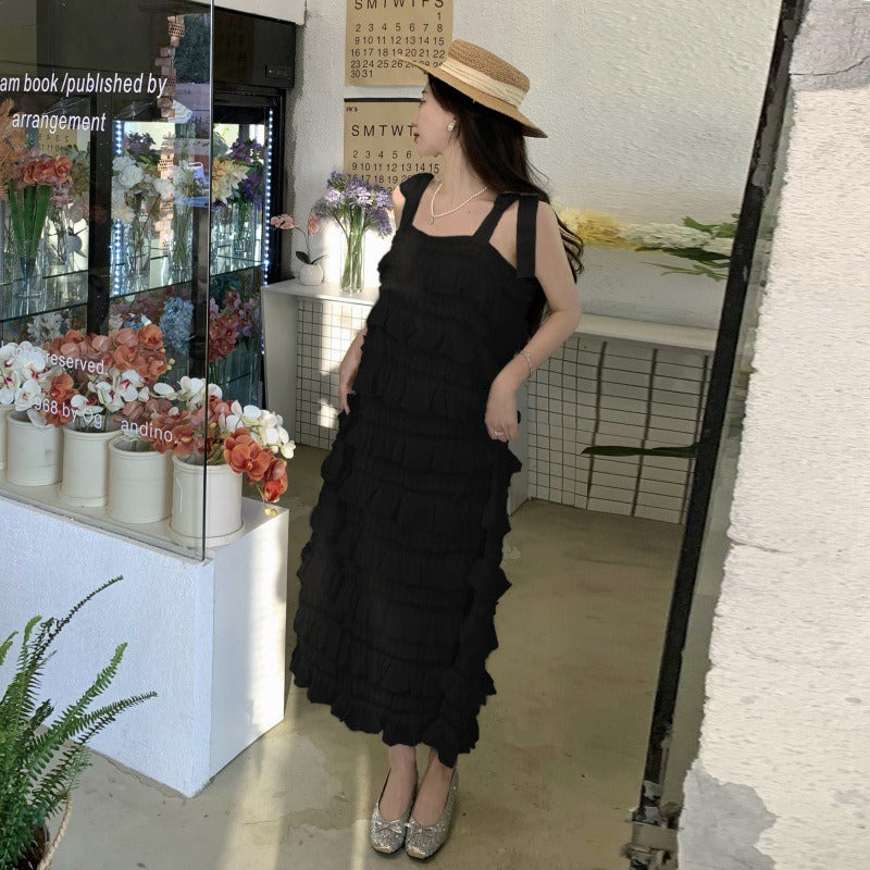 Elegant French Style White Chiffon Suspender Dress - Sleeveless Ruffle Layered Cake Skirt for Women