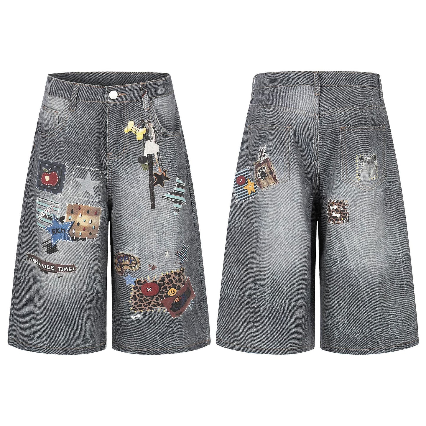 Vintage Patchwork Graphic Denim Shorts - Retro Washed Wide Leg Streetwear Culottes