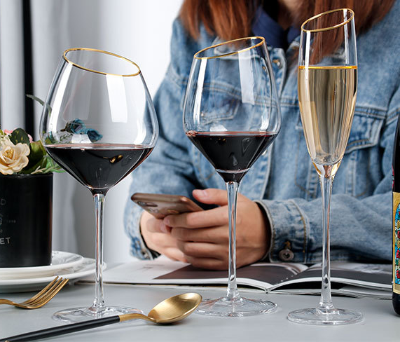 Nordic Bevel Gold Rim Crystal Wine Glass | Creative Slant Cut Champagne Goblet