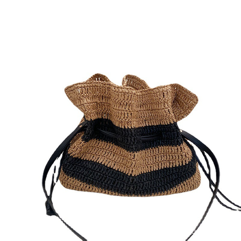French Style Drawstring Straw Bag with Black Stripes