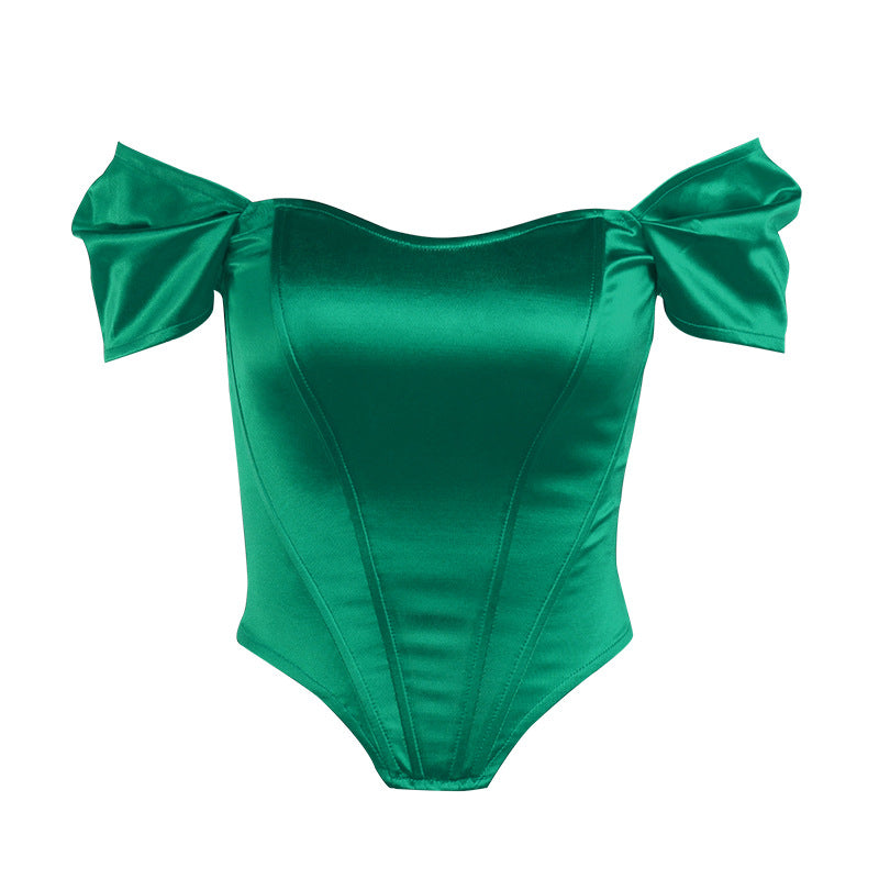 Fishbone Waist Cinched Strapless Satin One Shoulder Top for Women | Corset Style Top