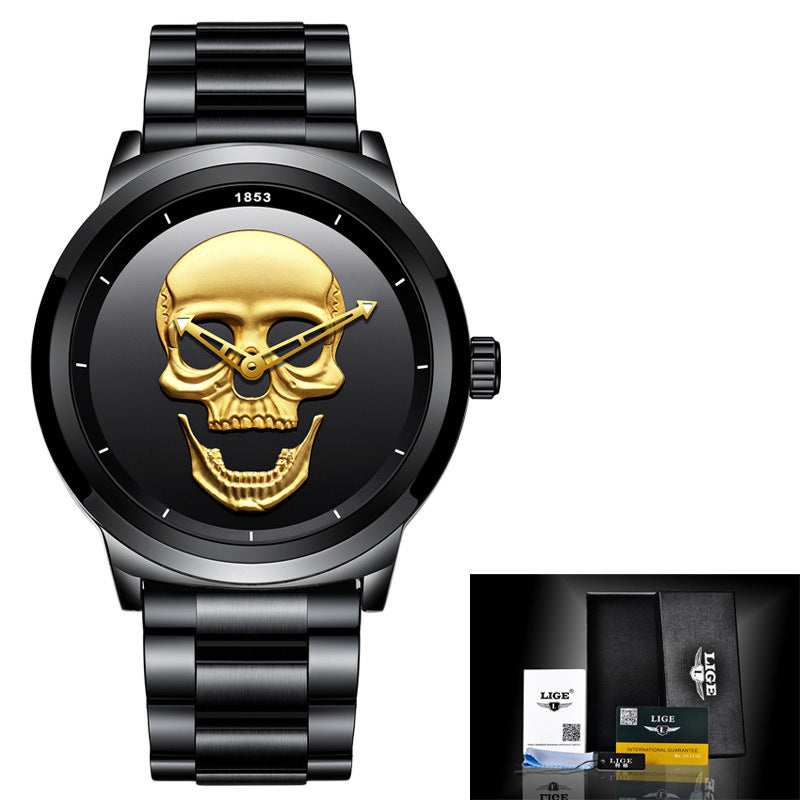 LIGE Men's Creative 3D Skull Watch - Punk Style Stainless Steel Quartz Wristwatch