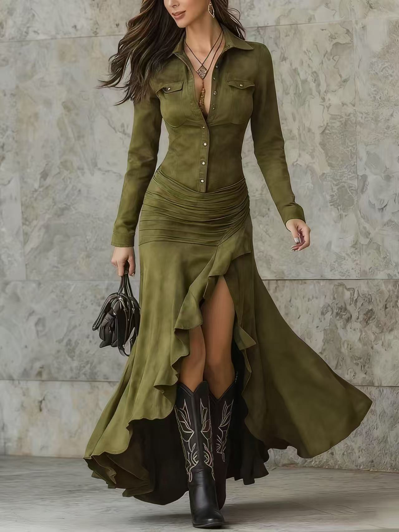 Women's Elegant Stand Collar Long Sleeve Dress - Slim Fit Slit Maxi Dress