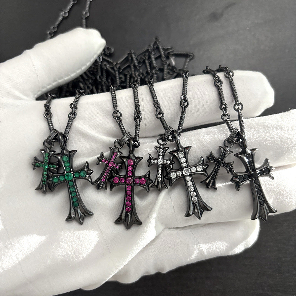 Retro Chrome Hearts Style Cross Necklace - Punk Rock Jewelry with Double Pendant
