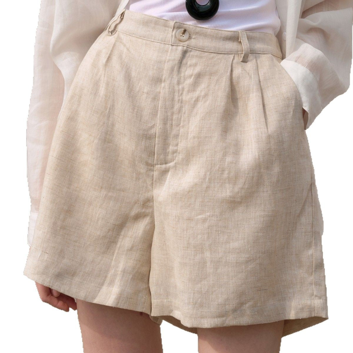 Elegant Pure Linen High-Waisted Shorts - Minimalist Wide-Leg Casual Trousers
