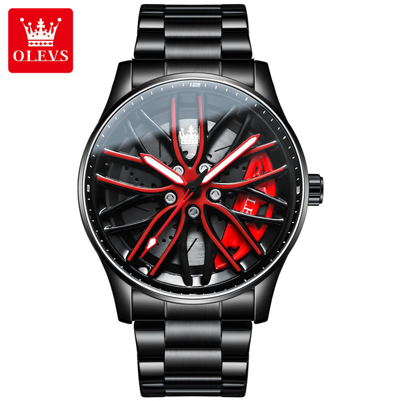 Creative 3D Rotating Wheel Hub Men's Watch - Luxury Stainless Steel Sports Watch