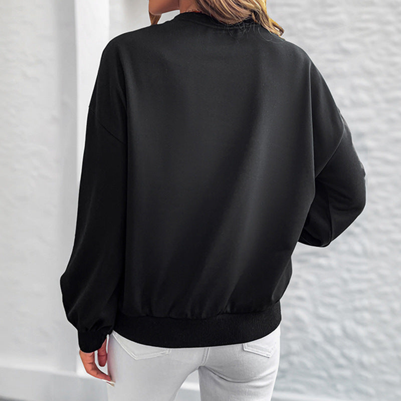 Gold Heart Printed Black Sweatshirt | Loose Fit Round Neck Long Sleeve Pullover