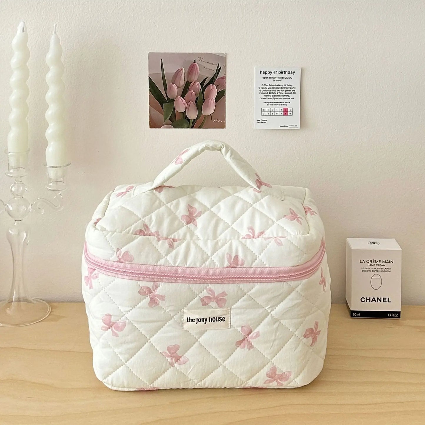 Cute Bow Flower Quilted Cotton Makeup Bag & Toiletry Case Set