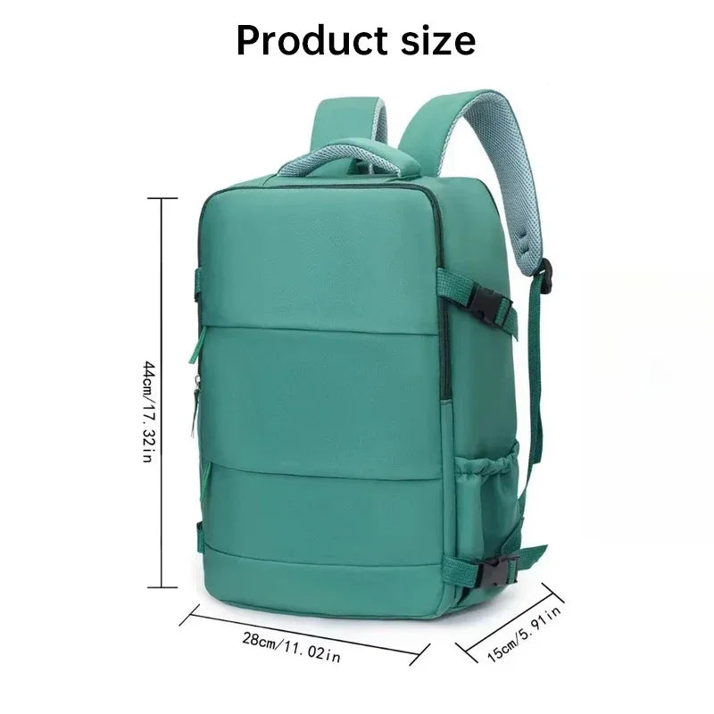 Teal backpack with padded straps, side pocket, and size dimensions 44x28x15 cm