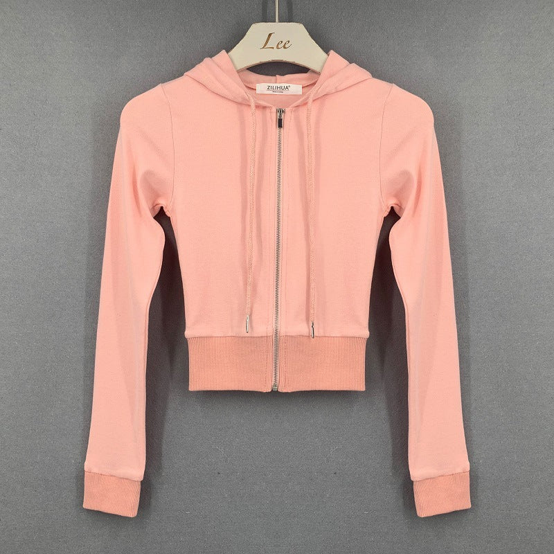 Slim Fit Cropped Zip-Up Hoodie - Peach Pink Lightweight Hooded Sweatshirt for Women