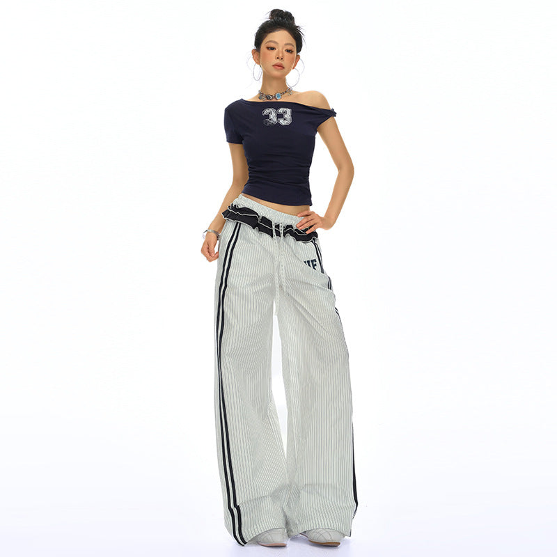 Women's Retro Striped Wide-Leg Track Pants - Loose Sporty Chic
