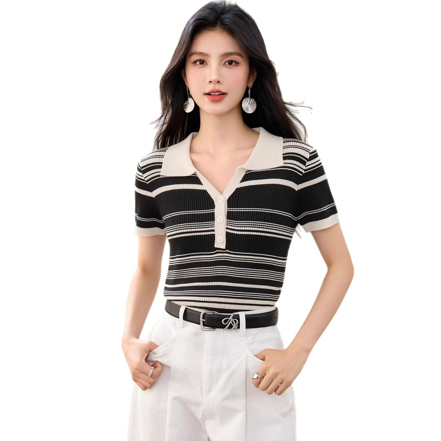 Fashionable Striped Knit Polo Shirt - Slim Fit Casual Summer Top for Women
