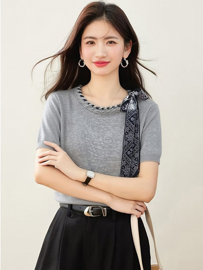 Elegant Bow Knotted Short Sleeve Knit Top - Summer Chic High-End Fashion