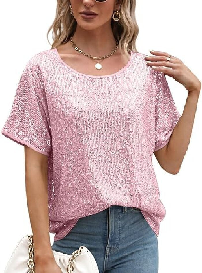 Sparkly Champagne Sequin Party Top - Glamorous Loose Fit Short Sleeve Evening Tee