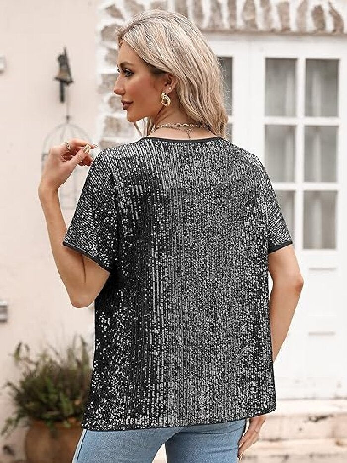 Sparkly Champagne Sequin Party Top - Glamorous Loose Fit Short Sleeve Evening Tee