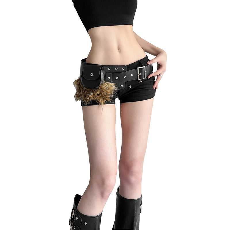 Splicing Faux Fur & PU Leather Utility Belt Bag | Adjustable Metal Buckle Fanny Pack
