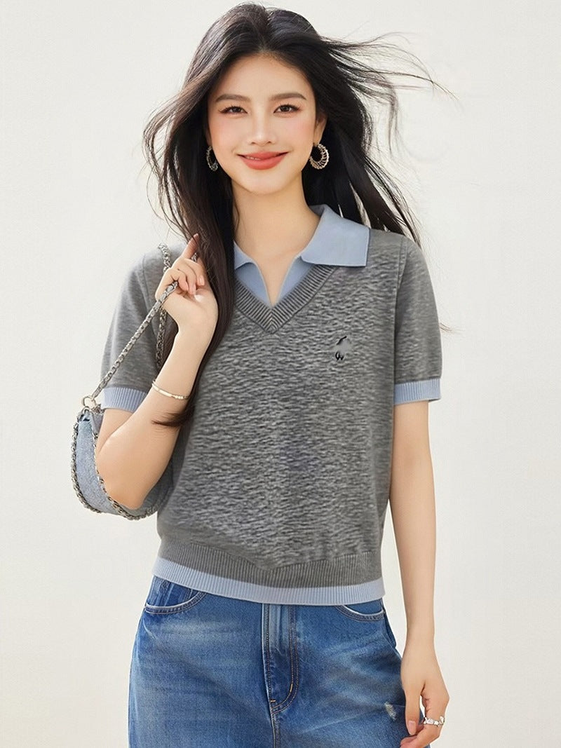 White Polo Neck False Two-Piece Short Sleeve Knit Top for Women