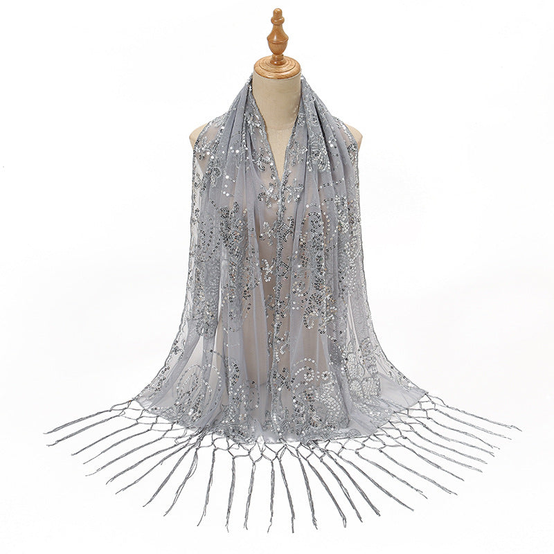 Long Fringe Sequin Embroidered Shawl | Party Dress Evening Banquet Thin Scarf
