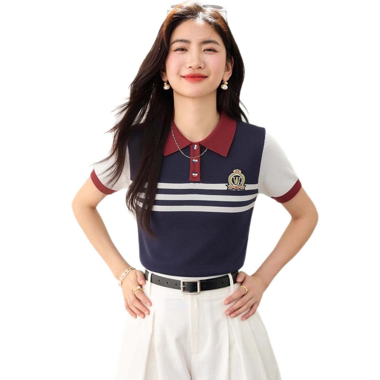 Youthful Preppy Style Striped T-Shirt - Versatile Summer Polo Top for Women
