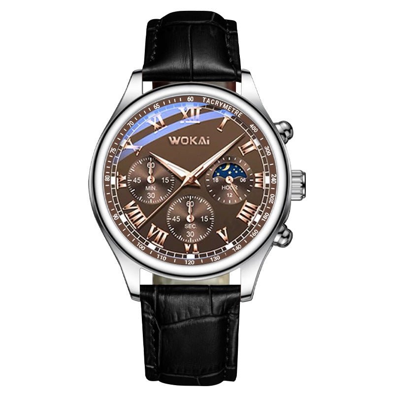 Luxury Men's Business Quartz Chronograph Watch with Brown Leather Strap.