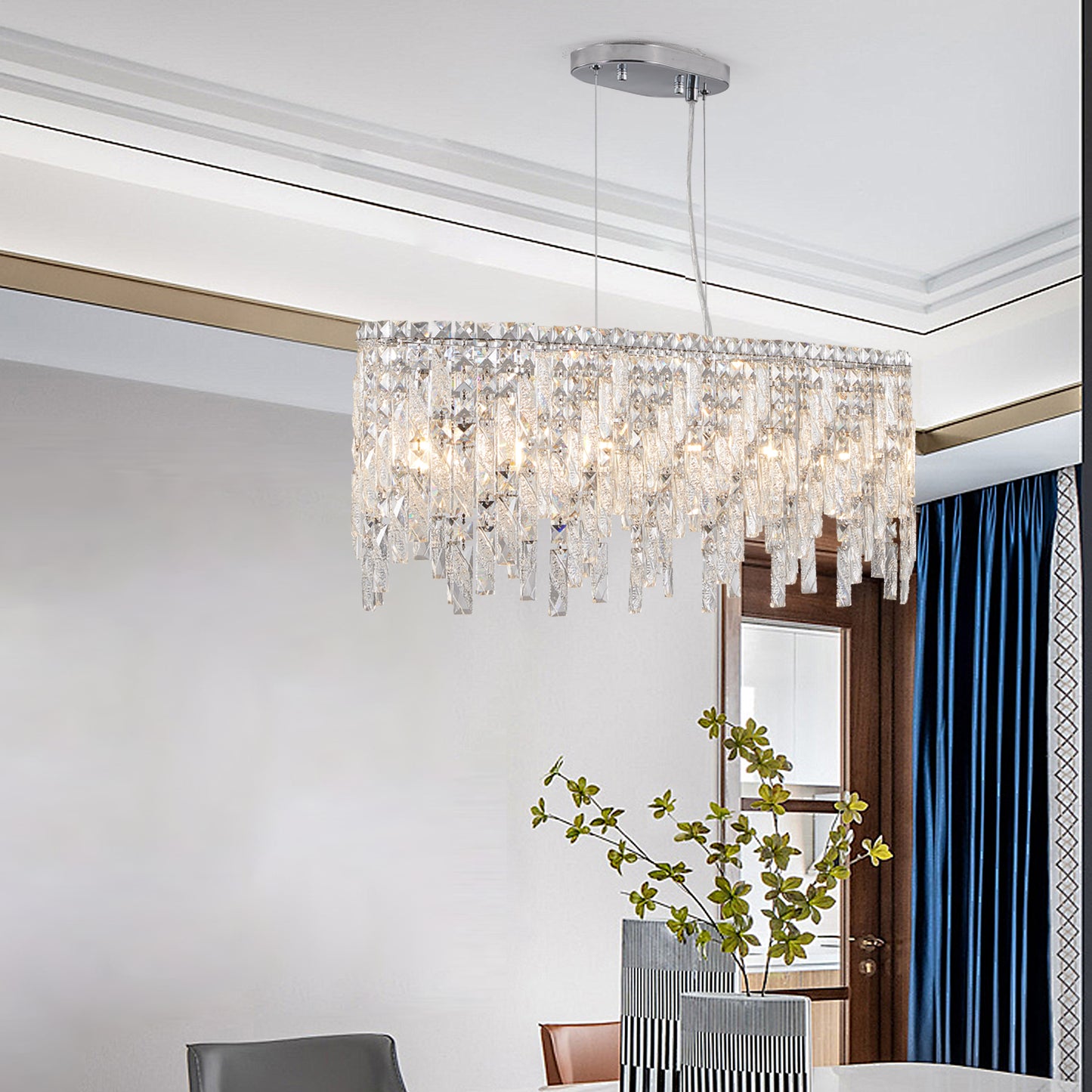 Luxury Modern Silver Oval Crystal Pendant Light - Elegant Chandelier for Living & Dining Room