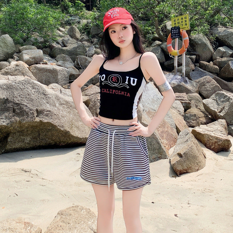 Chic Striped High-Waist Summer Shorts – Comfy Elastic Loose Fit Lounge Pants for Women