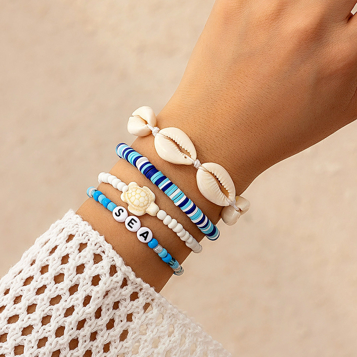 Bohemian Rice Bead & Cowrie Shell Bracelet Set - Layered Starfish Vacation Jewelry